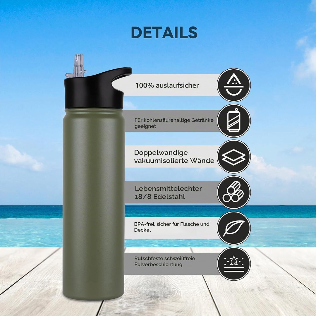 Edelstahl Trinkflasche - 750ml - mit Strohhalm,Auslaufsicher,Kohlensäure Geeignet,BPA frei Thermosfl