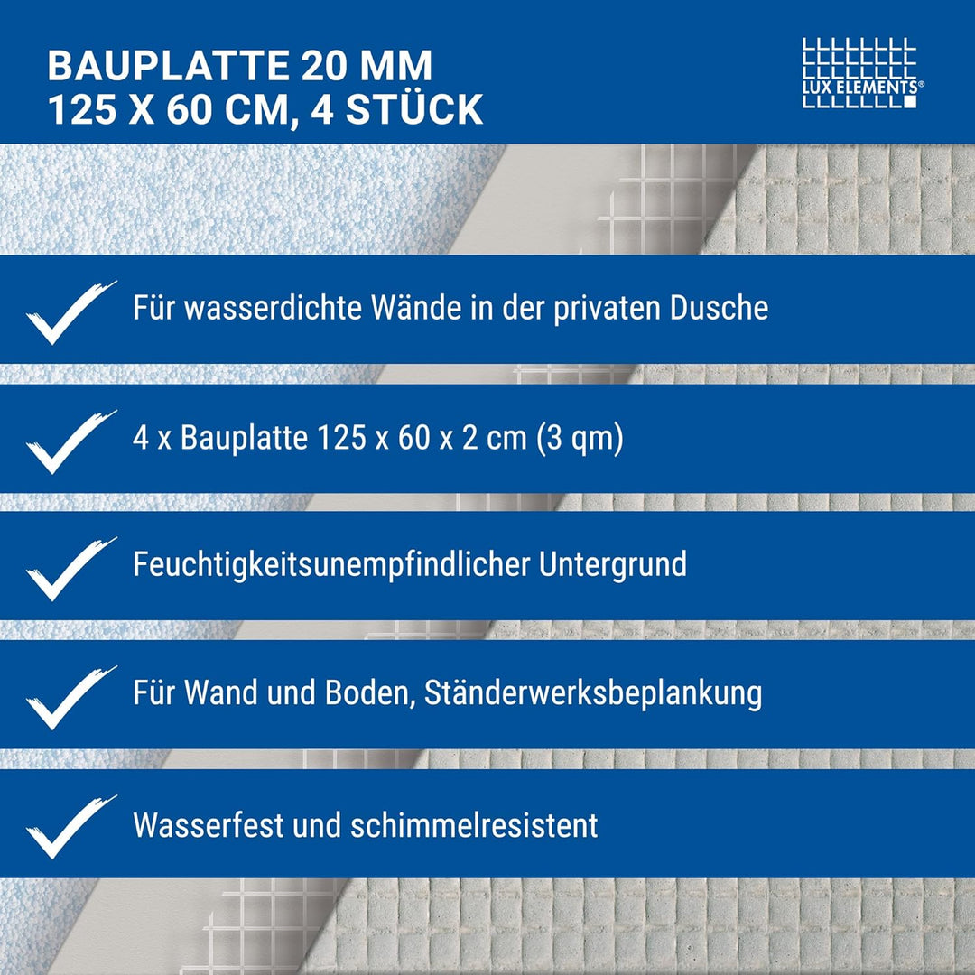 LUX ELEMENTS Bauplatte Fertig zum Verfliesen 125 x 60cm 4 Stk. I Hartschaumplatte 20mm aus expandier