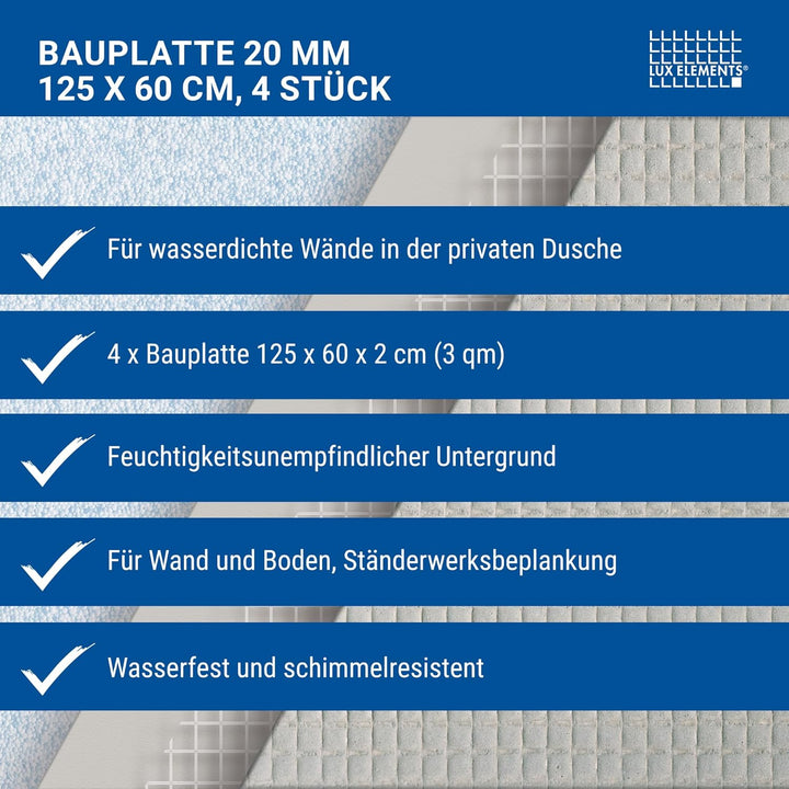 LUX ELEMENTS Bauplatte Fertig zum Verfliesen 125 x 60cm 4 Stk. I Hartschaumplatte 20mm aus expandier