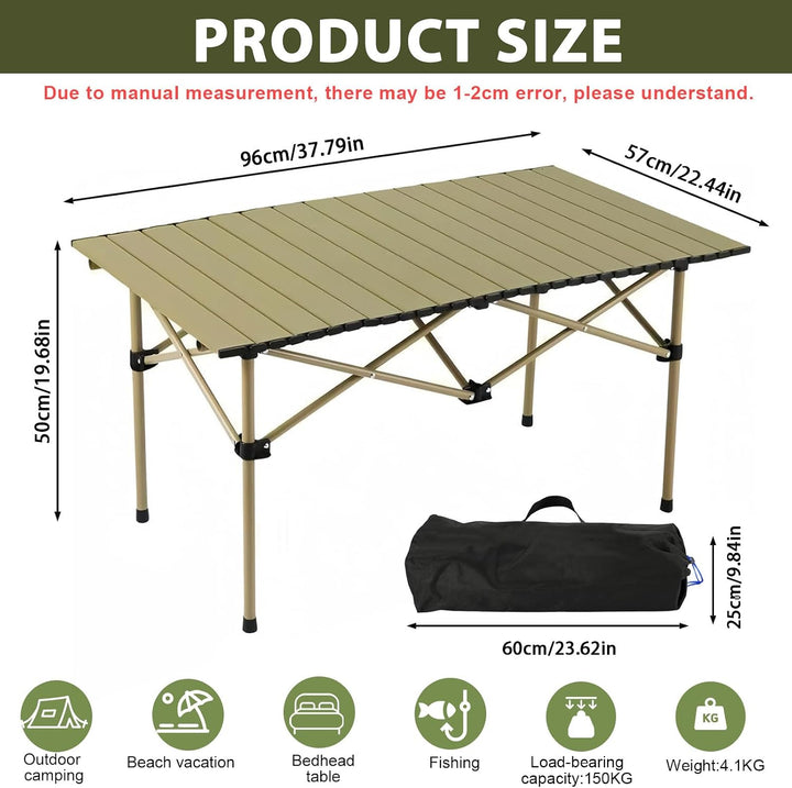 Campingtisch klappbar 96x54x55,5cm mit aufrollbarer Tischplatte aus Kohlenstoffstahl, Tragbarer Falt