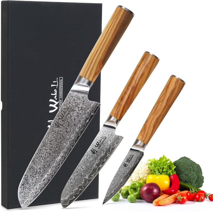 Wakoli Oribu 3er Damastmesser-Set mit 9-18cm Klingen gefertigt aus 67 Lagen echtem Damaststahl mit O