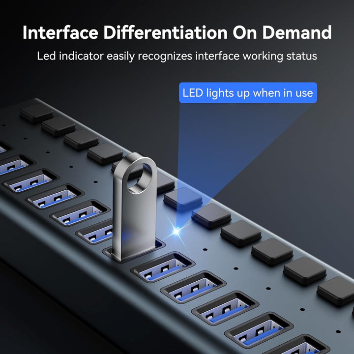 Powered USB Hub - 16 Ports 90W USB 3.0 Data Hub - mit Individuellen EIN-/Ausschaltern und 12V/7.5A N