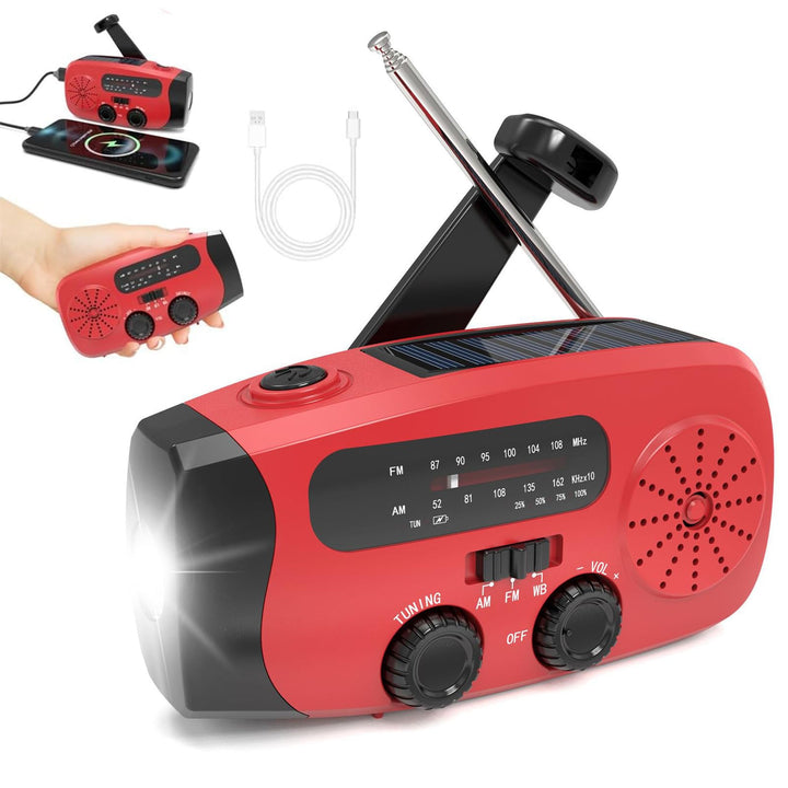 Notfall-Solarradio, Selbstbetriebenes Kurbelradio mit LED Taschenlampe, SOS-Alarm, AM/FM/WB, 2000mAh