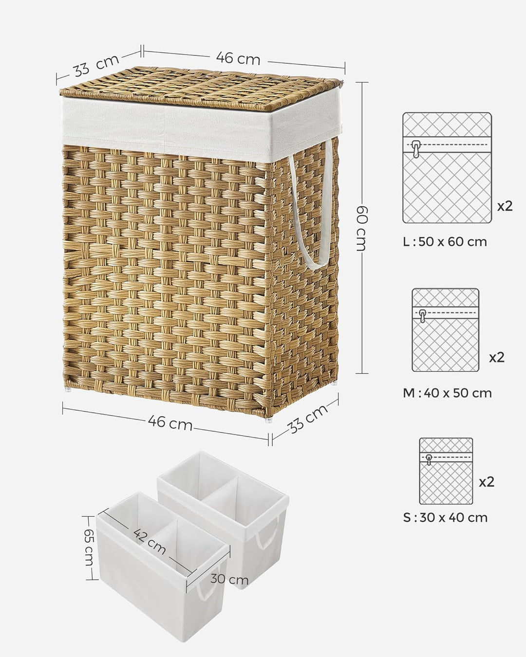 SONGMICS Wäschekorb mit Deckel, Wäschesammler 90 Liter, 2 Fächer, herausnehmbarer Wäschesack mit Gri