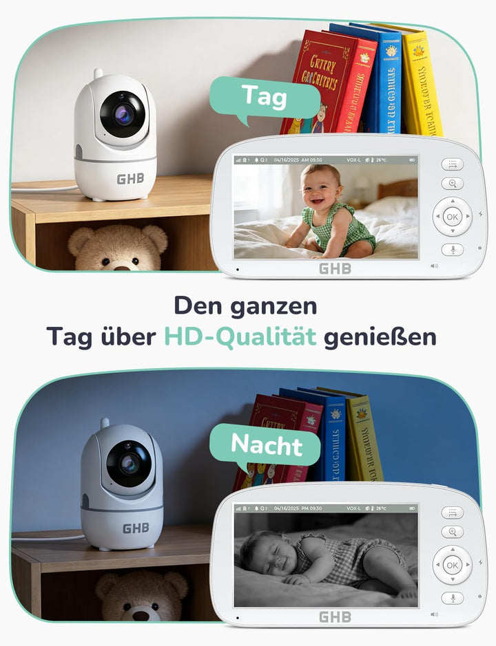 GHB Babyphone mit Kamera 5 Zoll 720P HD Kamera IPS Display mit 5000mAh Akku 4X Zoom 2-Bildschirm-Spl