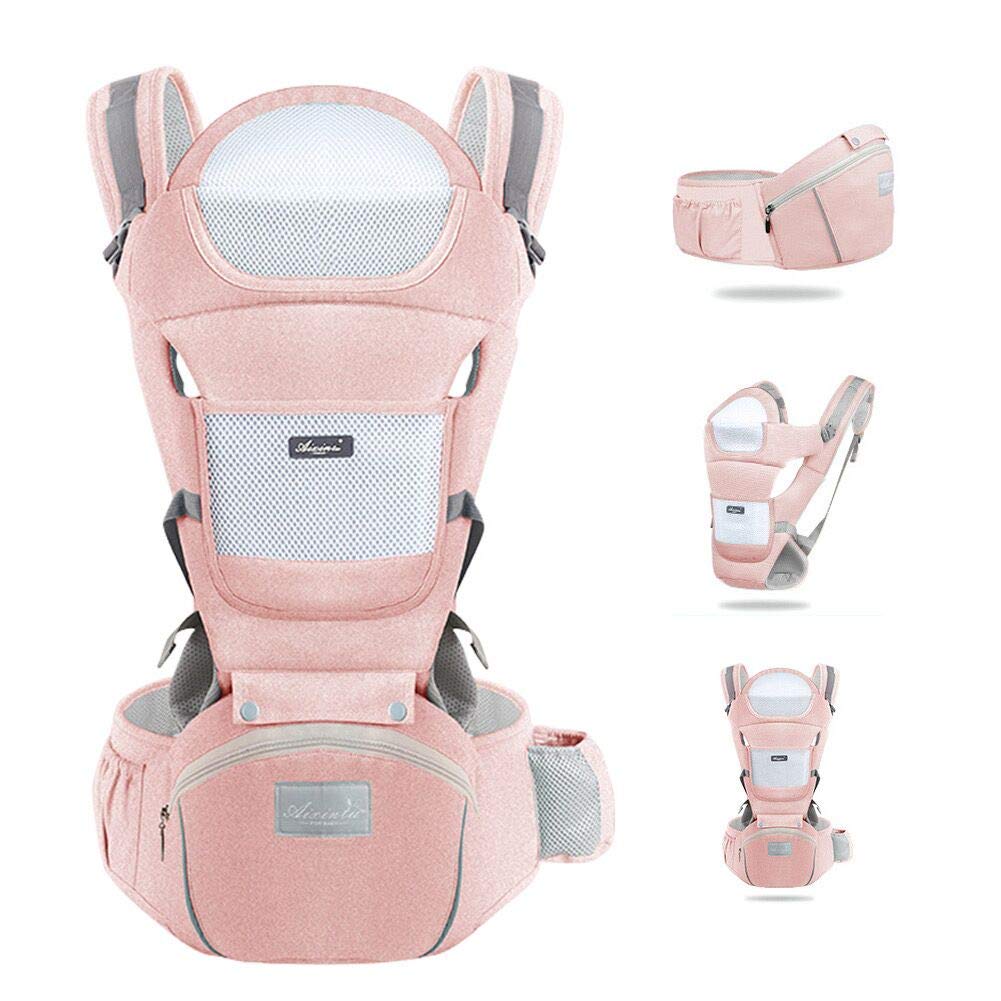 Babytrage mit Hocker, mehrere Positionen, Rucksack für Neugeborene, atmungsaktiv und bequem Rosa, Ro