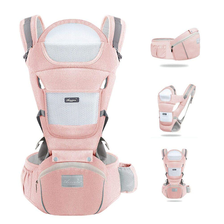 Babytrage mit Hocker, mehrere Positionen, Rucksack für Neugeborene, atmungsaktiv und bequem Rosa, Ro
