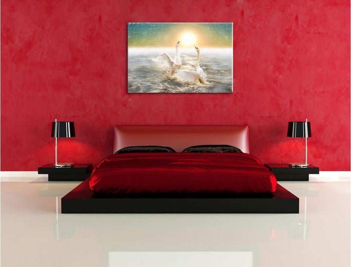 Pixxprint Schwäne im Meer als Leinwandbild/Grösse: 100x70 cm/Wandbild/Kunstdruck/fertig bespannt, 10