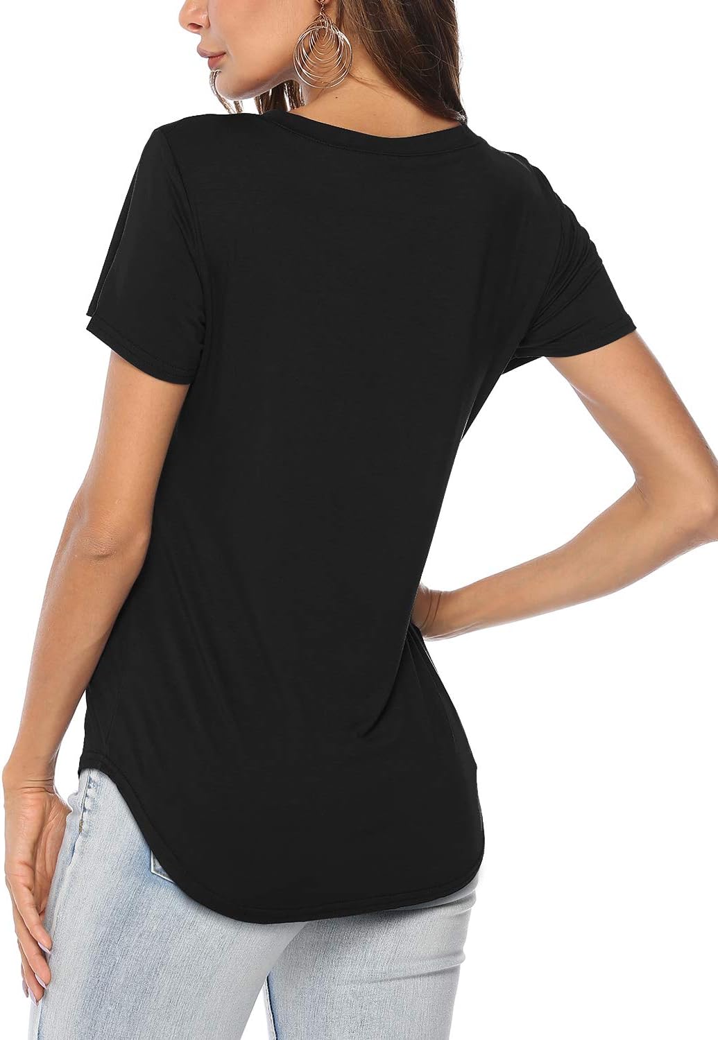 Florboom Damen Tshirt Langarm/Kurzarm V Ausschnitt Oberteil Sommer Basic Shirt, S Milla- Aschwarz