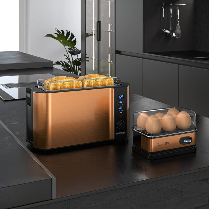 Arendo - Set Eierkocher SIXCOOK mit Toaster FRUKOST Edelstahl Kupfer, Toaster 4 Scheiben, LED-Displa