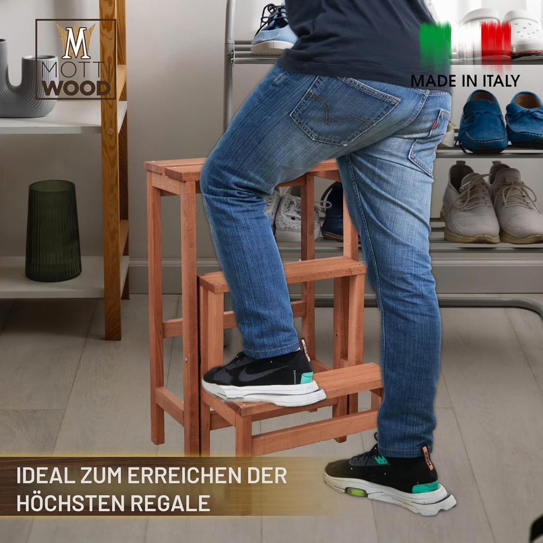 Klapphocker mit 3 Stufen, Farbe Walnuss, zusammenklappbar, rutschfest, platzsparend, Buchenholz, Mas