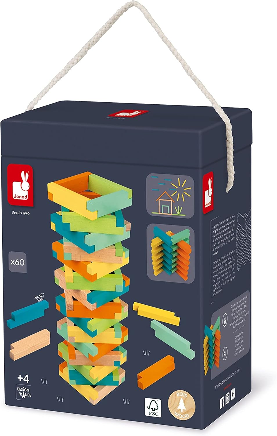 Janod - Fass mit 60 Bauklötzen aus Holz - Konstruktionsspiel - Entwicklung von Feinmotorik und Konze