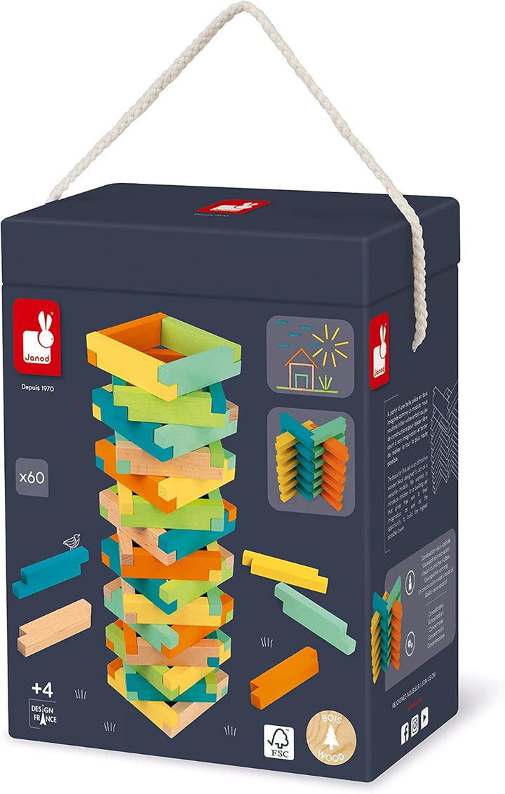 Janod - Fass mit 60 Bauklötzen aus Holz - Konstruktionsspiel - Entwicklung von Feinmotorik und Konze