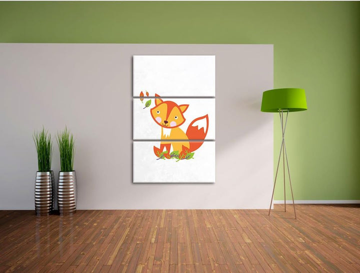 Pixxprint Niedlicher Fuchs in Laub Haufen als Leinwandbild/Grösse: 3 Teilig (120x80) cm/Wandbild/Kun