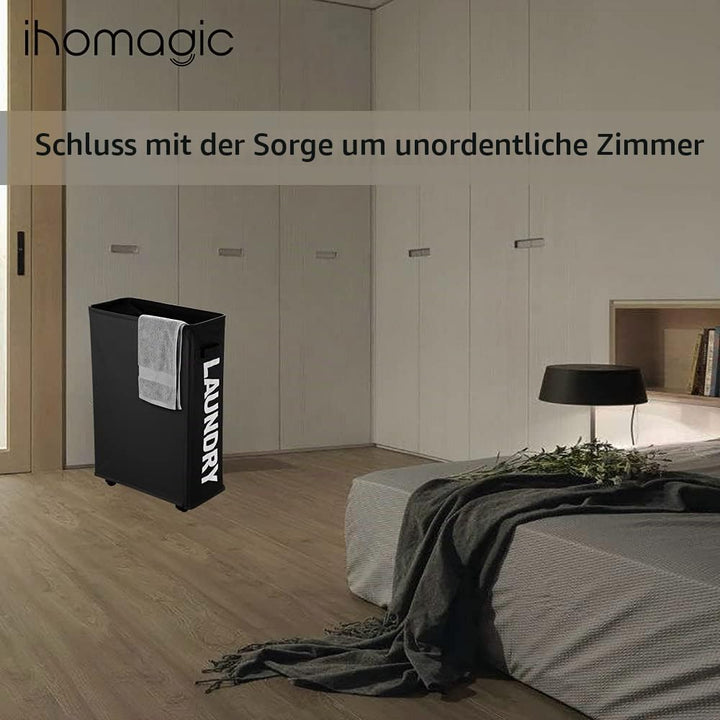 IHOMAGIC Wäschesammler mit Rollen, Wäschekorb Schmal für kleine Nischen - Faltbarer Wäschetonne mit