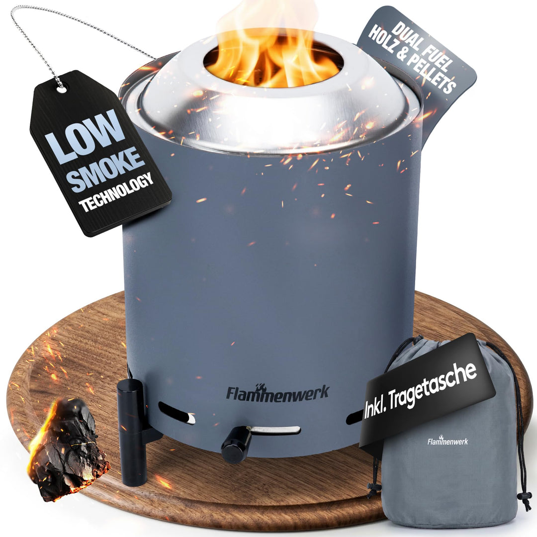 Raucharmes Tischfeuer für Pellets & Holz – Kompaktes Outdoor-Flammenfeuer mit 360° Luftregulierung,