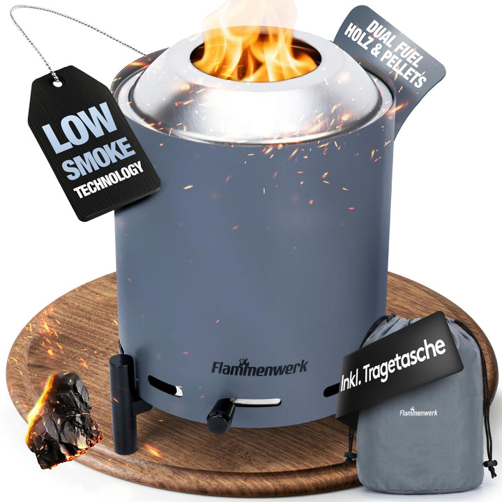 Raucharmes Tischfeuer für Pellets & Holz – Kompaktes Outdoor-Flammenfeuer mit 360° Luftregulierung,