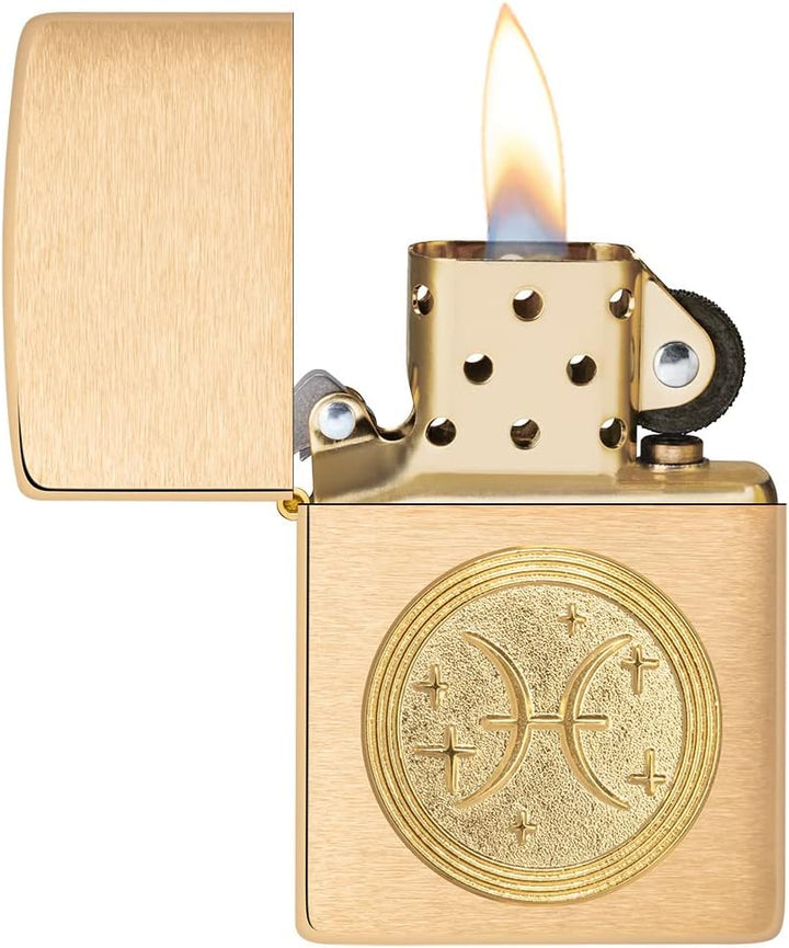 ZIPPO – Pisces Emblem – Brass Brushed – Sturmfeuerzeug, befüllbar, in hochwertiger Geschenkbox, Bras