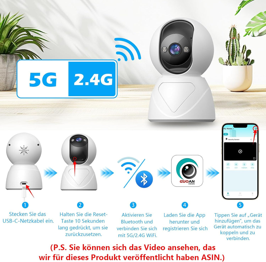 5G WLAN Überwachungskamera Innen, 3MP UHD Kamera Überwachung Innen, 355° Drehbar Hundekamera Schwenk