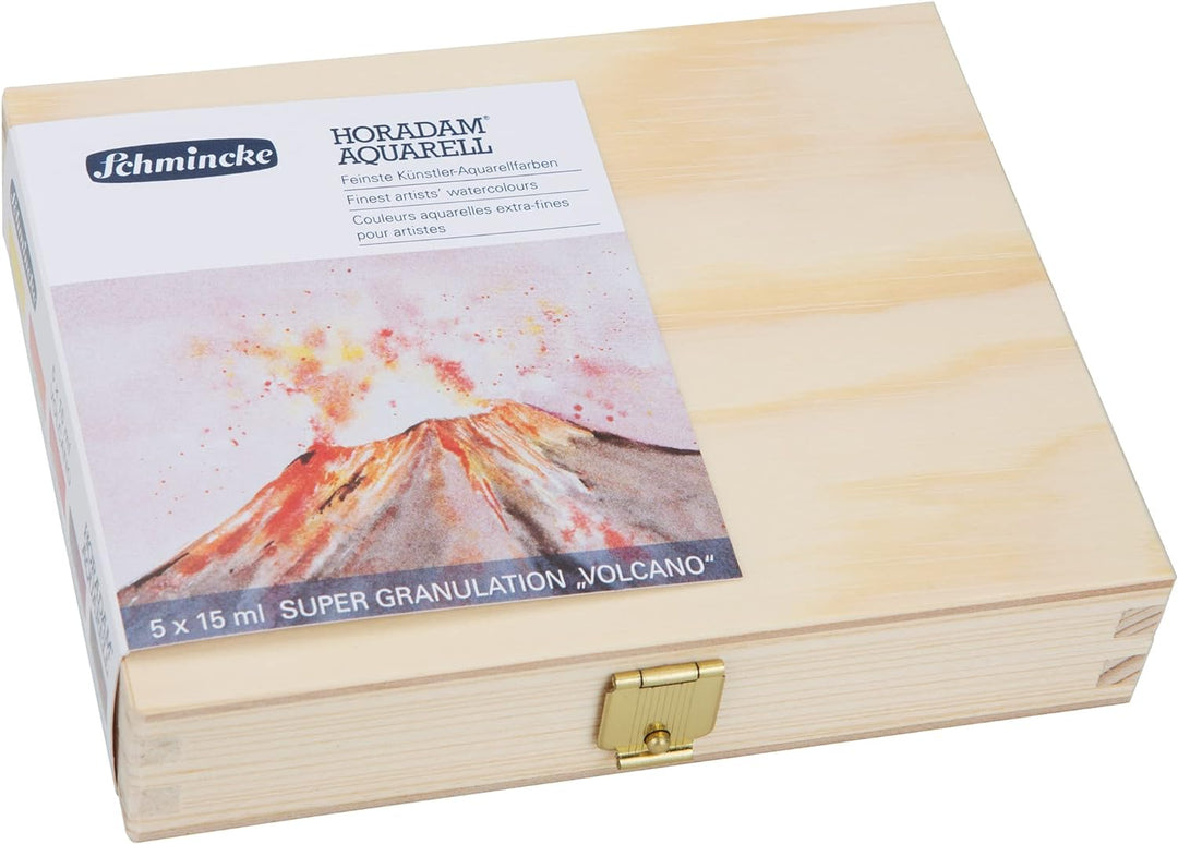 Schmincke – HORADAM® AQUARELL, Super Granulation Set Vulkan, 5 x 15 ml-Tuben, 74 868 097, Holzkasten