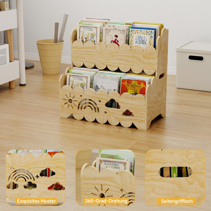 2-stöckiges Kinderbücherregal aus Holz, Montessori-Bücherregal | Geeignet für Kinderzimmer, Kinderga