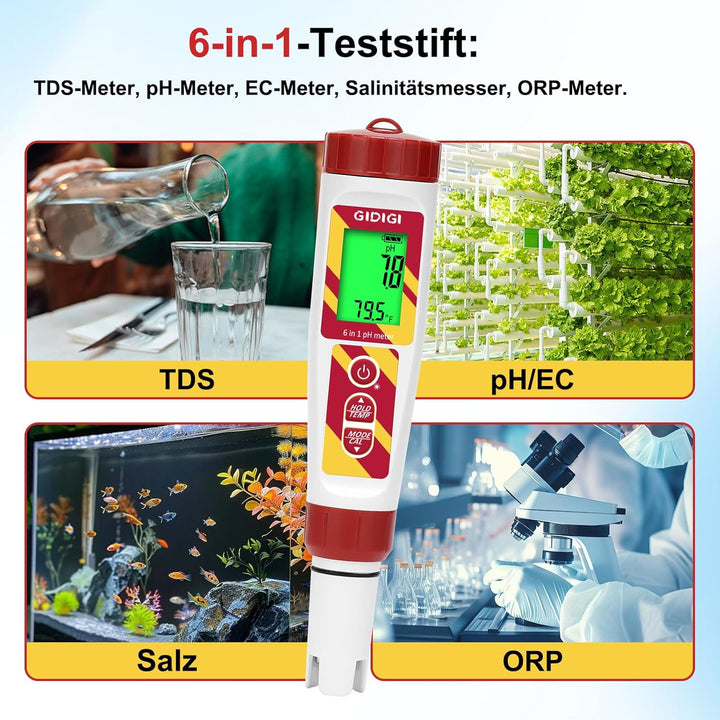 6-in-1 Digitaler Wasserqualitätstester für Pools und Hydrokulturen, pH/ORP/TDS/EC/Salzgehalt/Tempera