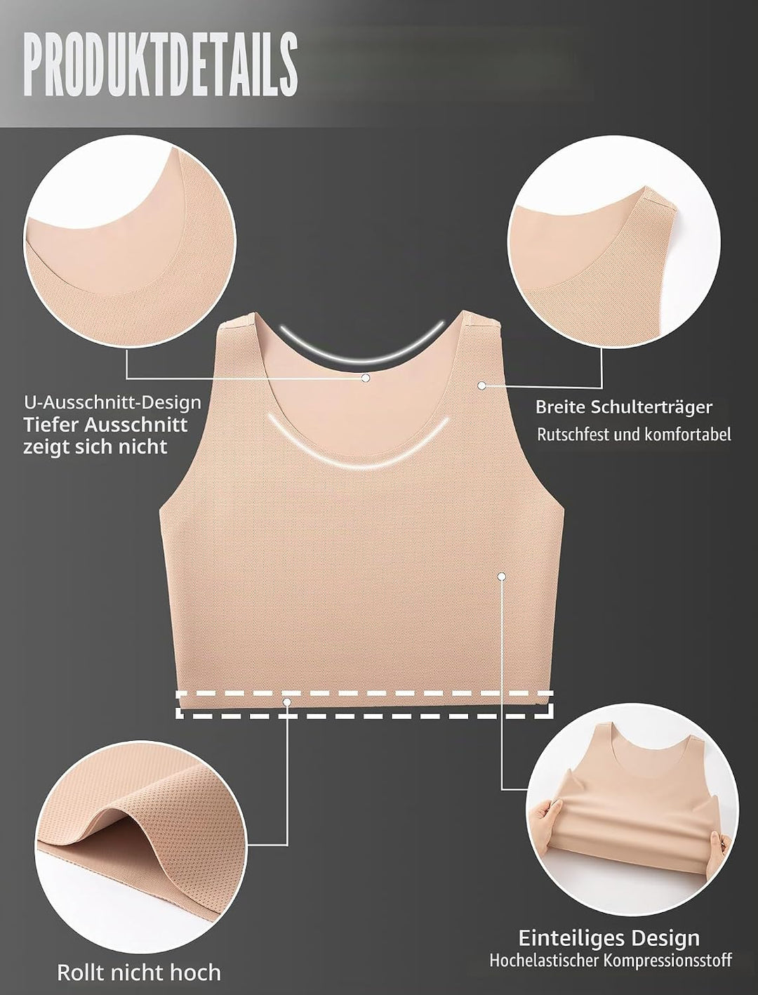 XUJI Brust Binder Trans FTM Atmungsaktive Kompression Nahtlos Top für Transgender XXL Nude, XXL Nude