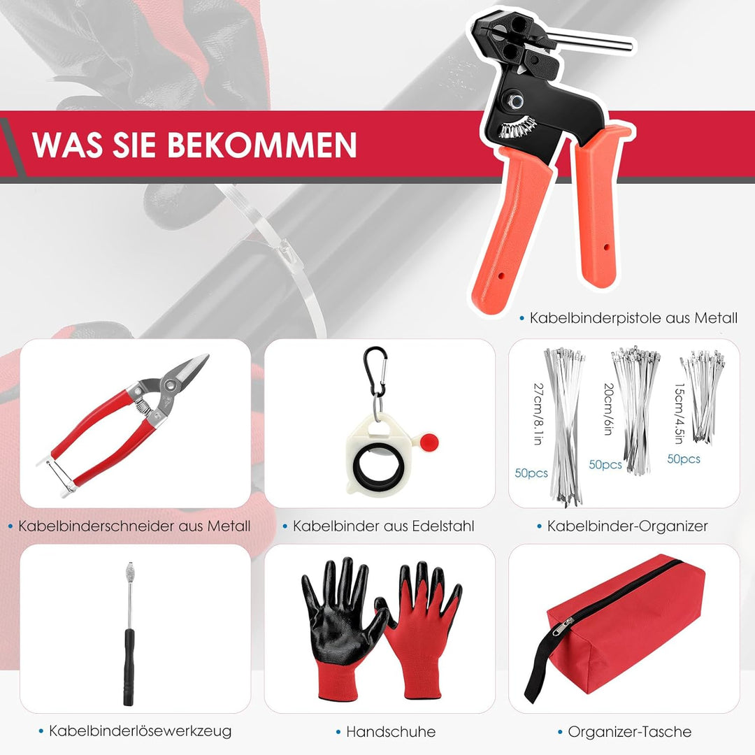 Kabelbinderzangen-Set mit 150 Kabelbindern Verstellbares Kabelbinder-Werkzeugset aus Metall zum Befe