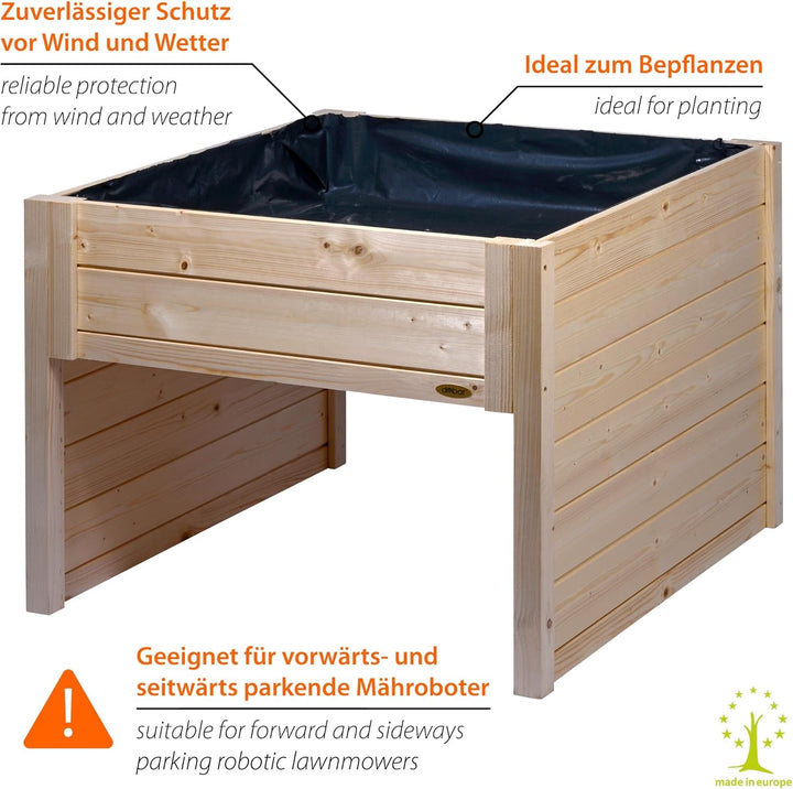 dobar® Grosse Mähroboter-Garage aus Holz mit Pflanzkasten inkl. Folie - Rasenmäher Garage - 79 x 73