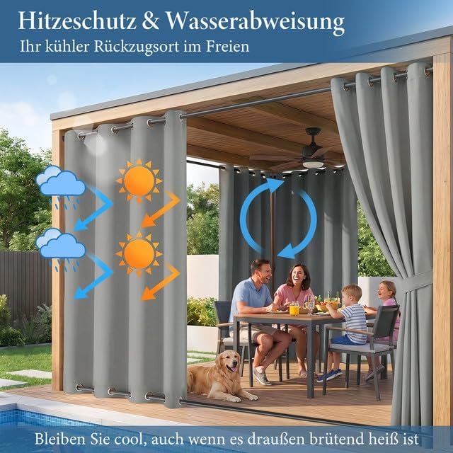 Rosnek Outdoor Vorhang Wetterfest Winddicht, Balkon Gardinen mit Ösen Oben & Unten, Blickdicht Wasse