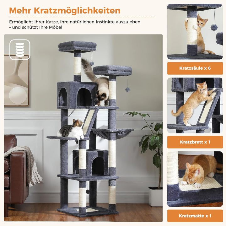 PETEPELA 180cm Kratzbaum gross, Multi-Level Katzenbaum für grosse Katzen, mit 6 Sisalsäule, 2 Kratzb