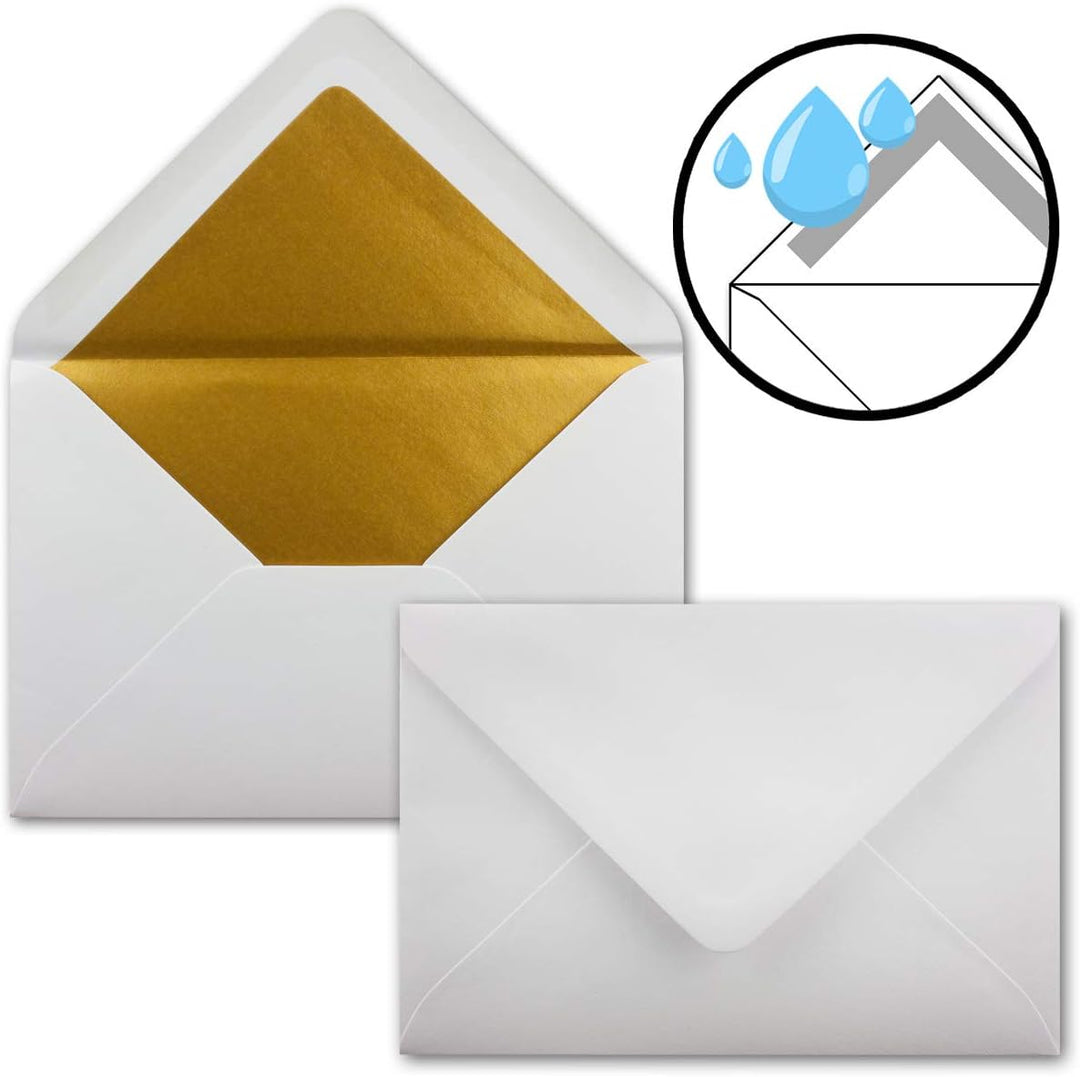 25x Briefumschläge B6 mit Gold Innenfutter - 12,5 x 17,6 cm - Weiss - gefüttert mit metallic Papier