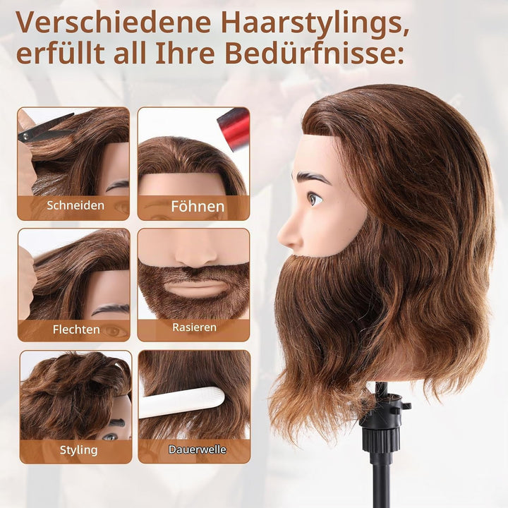 Mann Frisierkopf 100% Echthaar mit Bart Männlich Übungskopf Echthaar Friseur Kopf Puppenkopf Mannequ