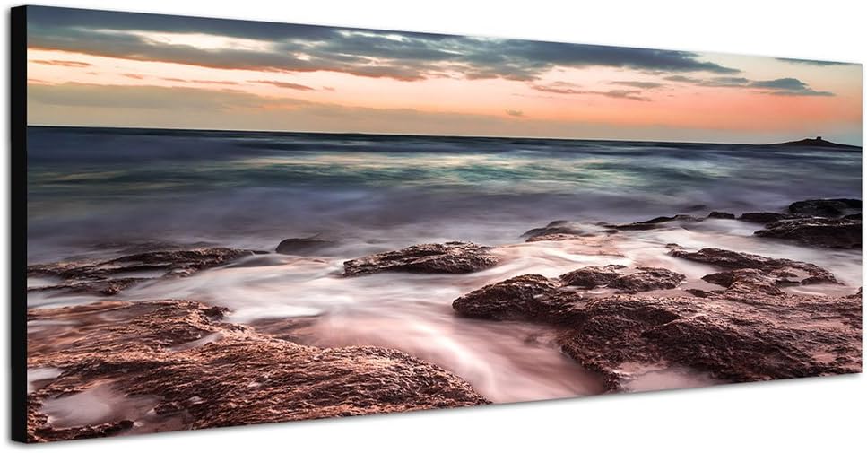 Paul Sinus Art Panoramabild auf Leinwand und Keilrahmen 150x50cm Sizilien Steine Felsen Meer Nebel A