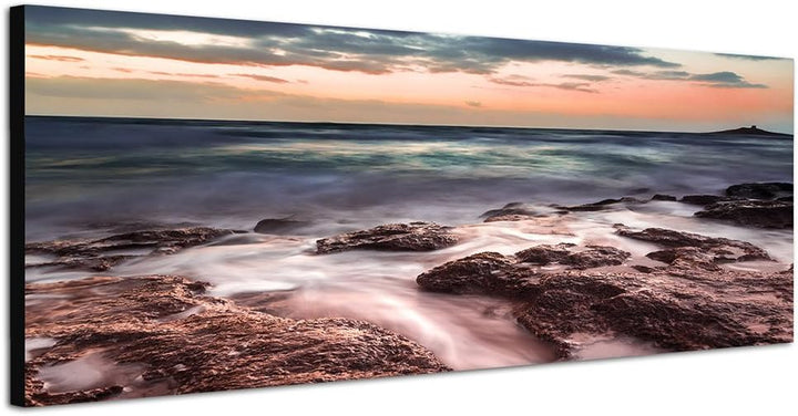 Paul Sinus Art Panoramabild auf Leinwand und Keilrahmen 150x50cm Sizilien Steine Felsen Meer Nebel A