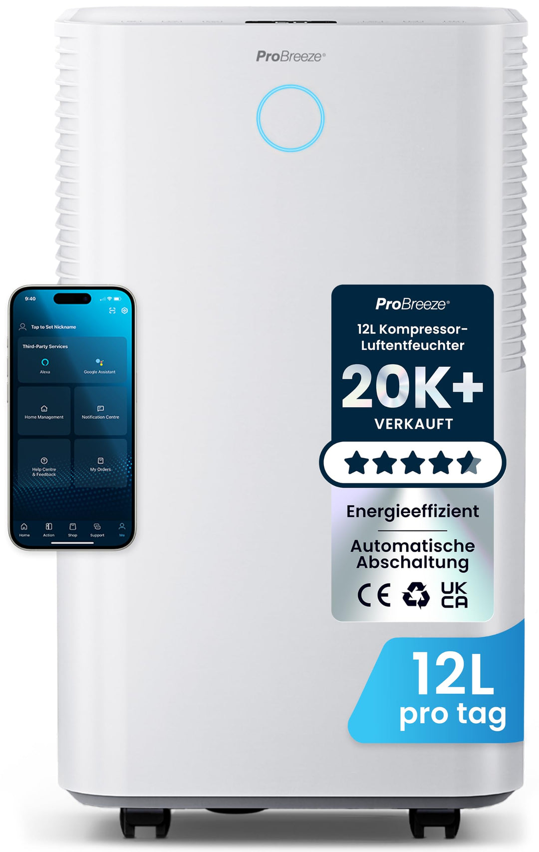 Pro Breeze OmniDry Luftentfeuchter mit App &amp; WLAN, 12L in 24h Entfeuchtungsleistung - Luftentfeuchte