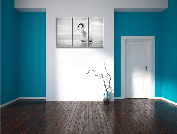 Pixxprint Kaiserpinguinkücken / 3-Teilig/Gesamtmass 120cm Leinwandbild bespannt auf Holzrahmen/Wandb