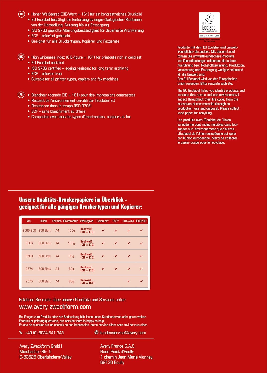 AVERY Zweckform 2575 Druckerpapier, Kopierpapier (1.500 Blatt, 80 g/m², DIN A4 Papier, weiss, für al