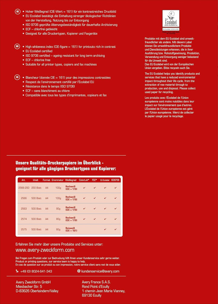 AVERY Zweckform 2575 Druckerpapier, Kopierpapier (1.500 Blatt, 80 g/m², DIN A4 Papier, weiss, für al
