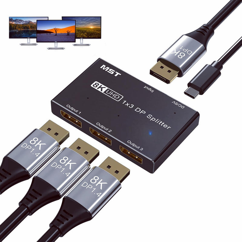 camgeet Displayport DP 1.4 Splitter Switch 8K@30Hz 4K@144Hz, 1 In 3 Out Displayport Switch, kompatib