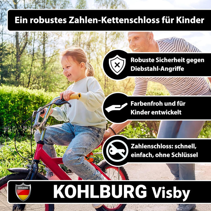 KOHLBURG Kinder Fahrradschloss Zahlenschloss 4 stellig [ohne Weichmacher, Stahlkette] - Kinderschlos