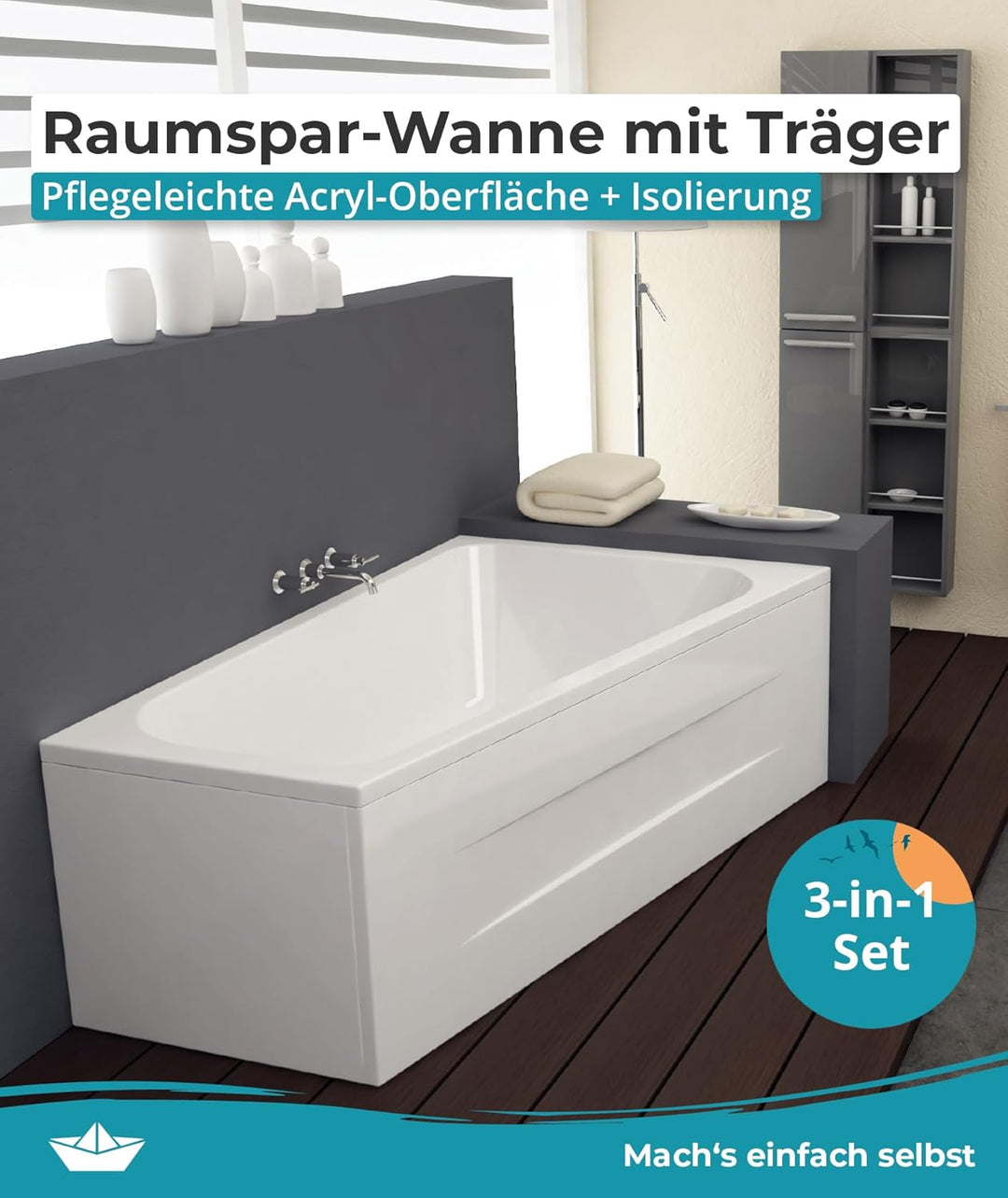 Calmwaters® Raumspar-Badewannen-Set 160x70 cm, Made in EU, mit Wannenträger & Ablaufgarnitur, Acrylw