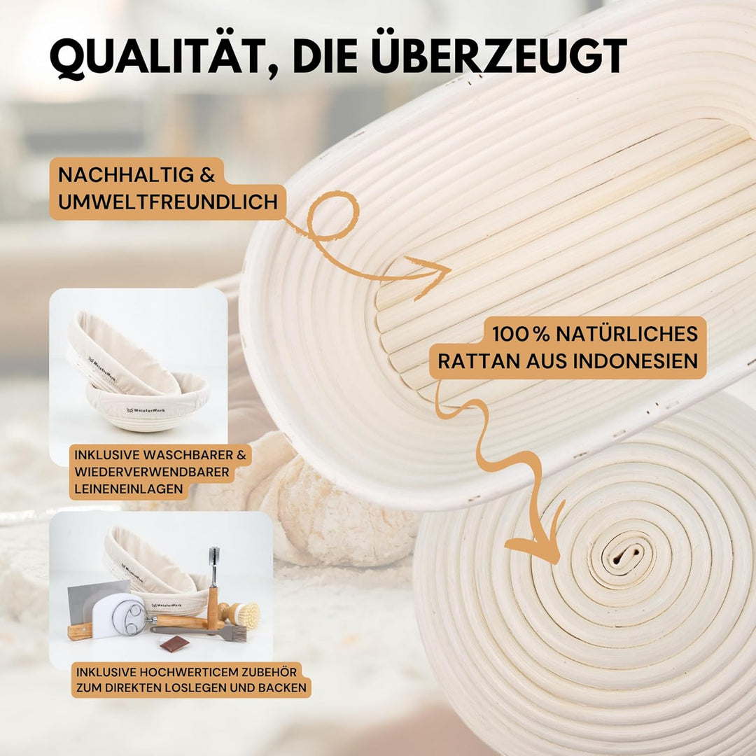 Gärkörbchen 2er-Set – Rund & Oval Gärkörbe aus 100% Rattan zum Brotbacken inkl. Brotbackzubehör: Lei