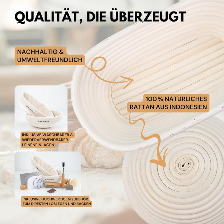 Gärkörbchen 2er-Set – Rund & Oval Gärkörbe aus 100% Rattan zum Brotbacken inkl. Brotbackzubehör: Lei