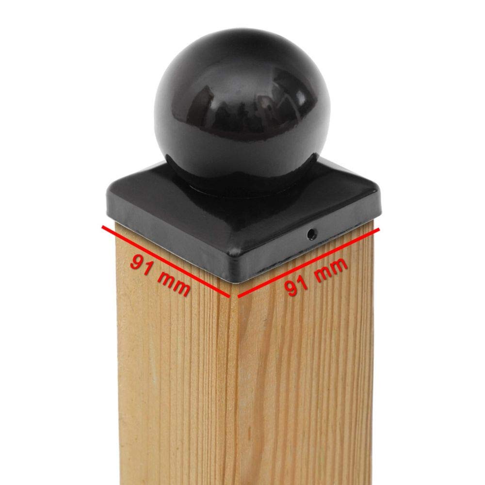 2 x Pfostenkappe 91x91 mm Schwarz mit Kugel – Zierkappe aus Stahl Pulverbeschichtet für 90x90 mm Hol