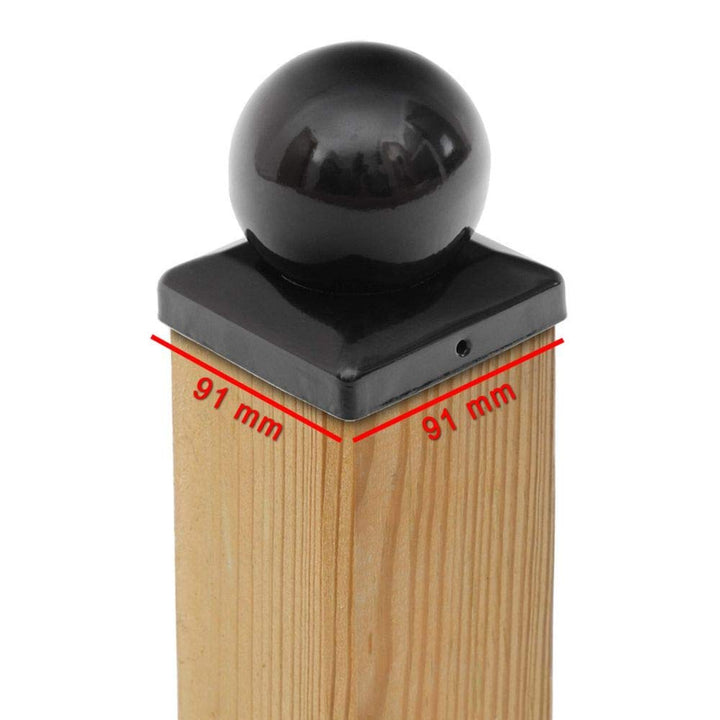 2 x Pfostenkappe 91x91 mm Schwarz mit Kugel – Zierkappe aus Stahl Pulverbeschichtet für 90x90 mm Hol