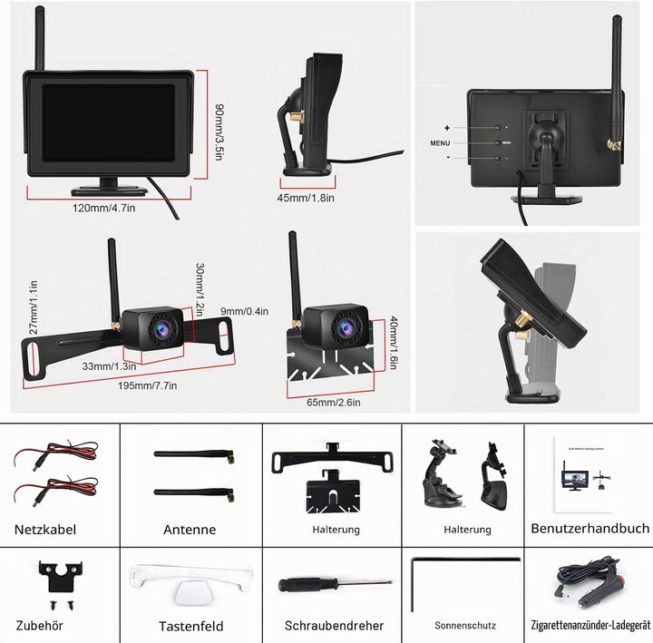 Hodozzy Kabellos Digital Rückfahrkamera Set mit 4,3 Zoll IPS Bildschirm Monitor und AHD Kamera Nacht