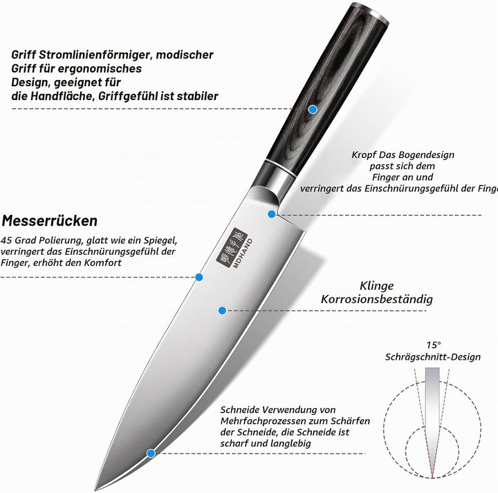 MDHAND Messerset mit Nylon Rolltasche, 10-tlg Scharfe Küchenmesser Set aus Edelstahl in Mehreren Grö