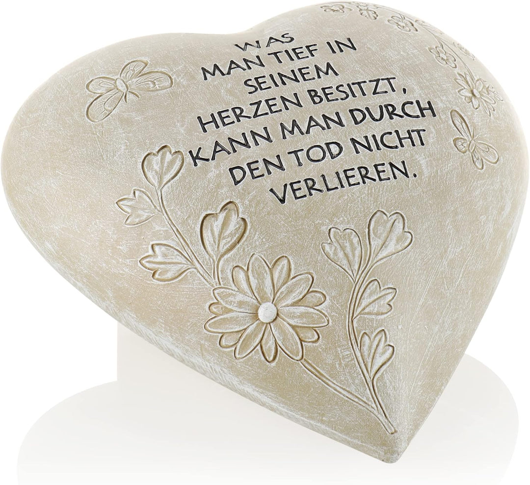 com-four® Grab-Dekoration in Herz-Form - wetterfester Grabschmuck mit Schmetterlingen - Gedenkstein