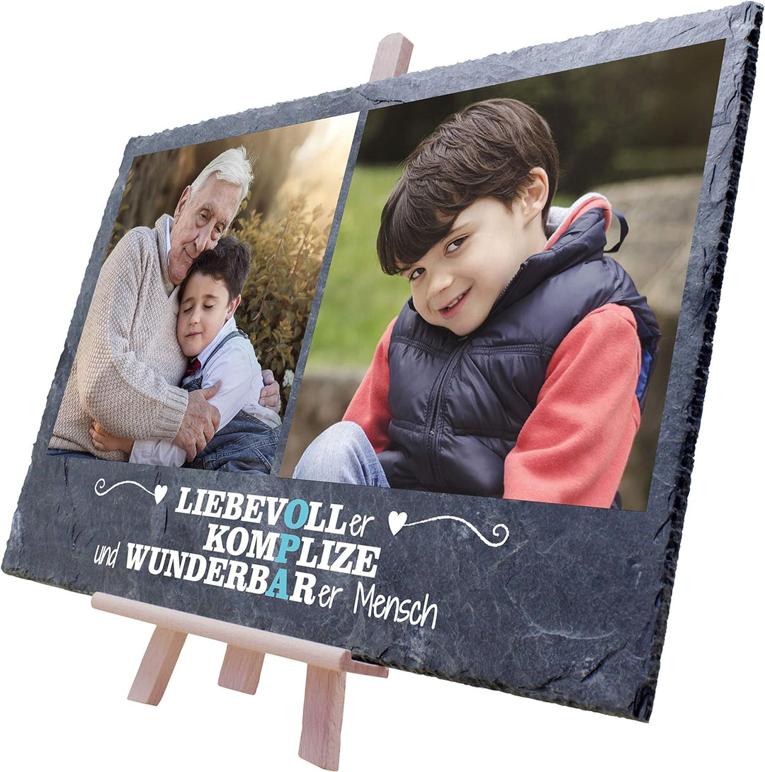 wandmotiv24 Schiefertafel Bester Opa mit Holz-Staffelei, Personalisiert mit 2 Farb-Fotos, Digitaldru